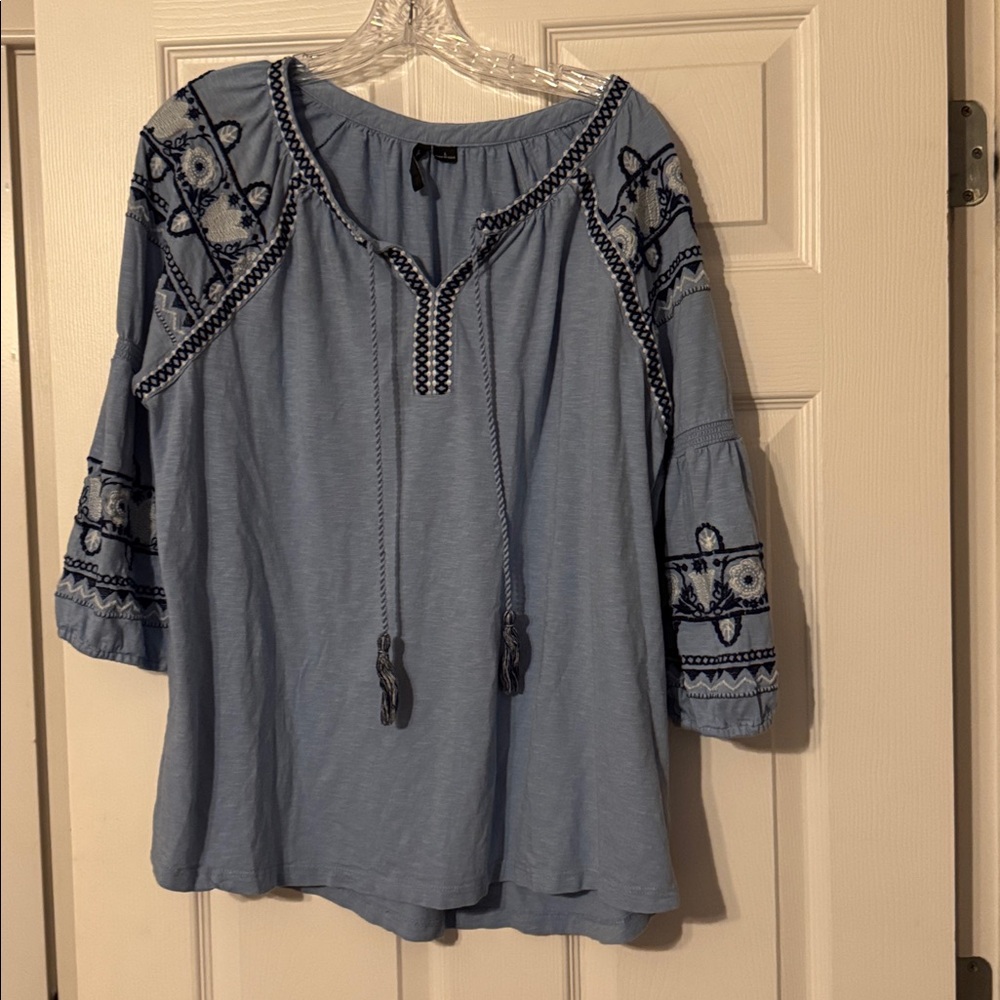 New Directions Blue Embroidered Top
